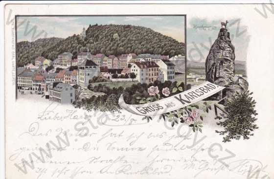  - Karlovy Vary, dva záběry, lázeňské domy, Jelení skok, kolorovaná, koláž, DA