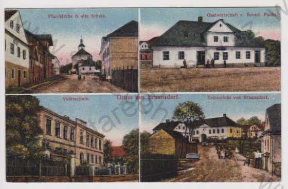  - Brumovice (Braunsdorf) - farní kostel a škola, obchod, škola, partie, kolorovaná