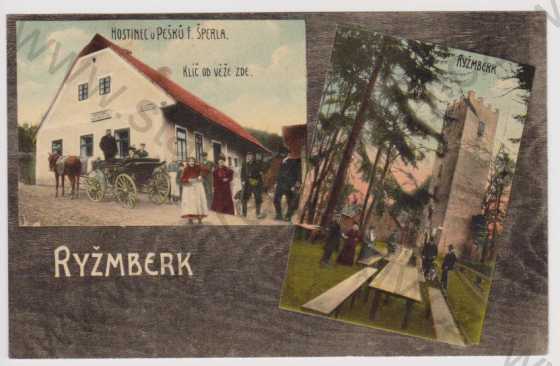  - Ryžmberk - hostinec u pešků F. Šperl (kůň povoz), klíč od věže zde, hrad Ryžmberk, kolorovaná, koláž