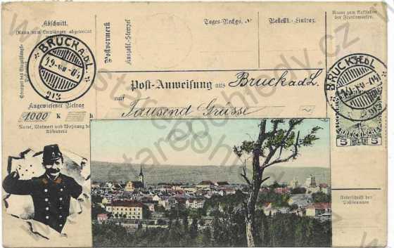  - Rakousko - Bruck an der Leitha - celkový pohed, koláž, poštovní poukázka na tisíc pozdravů, pošťák, kolorovaná