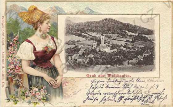  - Rakousko - Waldhausen - celkový pohled, kroj, plastická karta, litografie, DA, koláž, kolorovaná