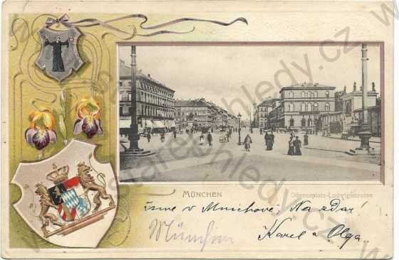  - Německo - Mnichov (München) - náměstí, erb, koláž, litografie, kolorovaná, DA, plastická karta