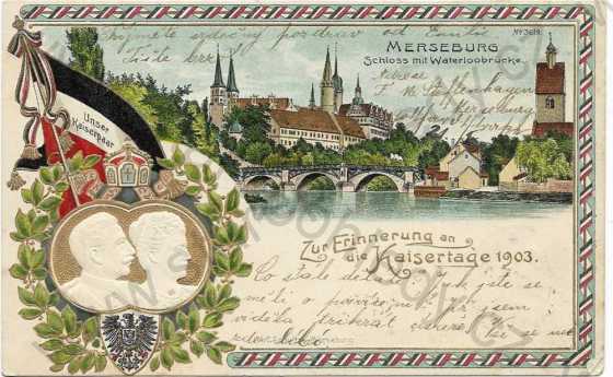  - Německo - Merseburg - zámek a most, koláž Kaiserpaar, litografie, kolorovaná, DA, plastická karta