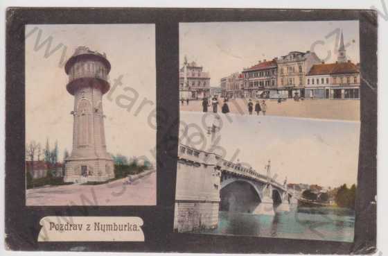  - Nymburk - vodárenská věž, náměstí, most, kolorovaná, koláž