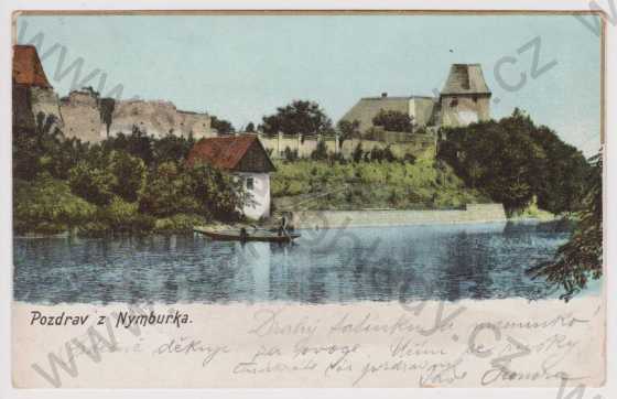  - Nymburk - Labe, děkanství, hradební věž Kaplanka, loďka, kolorovaná, DA