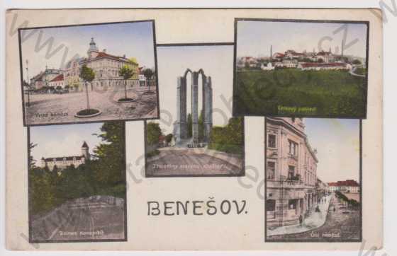  - Benešov - klášter zřícenina, Velké náměstí, celkový pohled, zámek Konopiště, část náměstí, koláž, kolorovaná