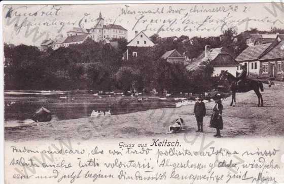  - Kelč (Zlín, Valašské Meziříčí), zámek, rybník, loďka, kůň, kolorovaná, DA