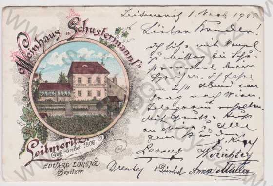  - Litoměřice (Leitmeritz) - vinárna Weinhaus Schustermannl, litografie, DA, koláž, kolorovaná, Litoměřice