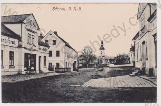  - Šenov (Schönau) - střed obce, kostel, obchod, hostinec