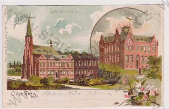  - Bohumín (Oderberg) - škola a kostel, Gemeindehaus, litografie, DA, koláž, kolorovaná