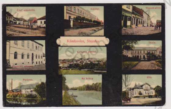  - Klimkovice - část náměstí, klášter, Hlavní ulice, škola, celkový pohled, továrna, vila, hráz, kolorovaná