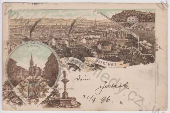  - Sokolov (Falkenau) - celkový pohled, náměstí, kašna, Vorläufer 1896