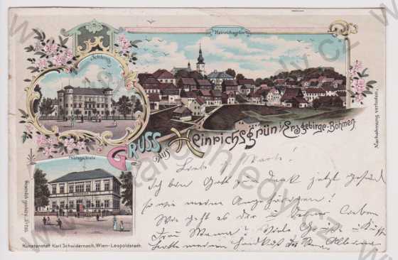  - Jindřichovice (Heinrichsgrün) - celkový pohled, zámek, škola, litografie, DA, koláž, kolorovaná