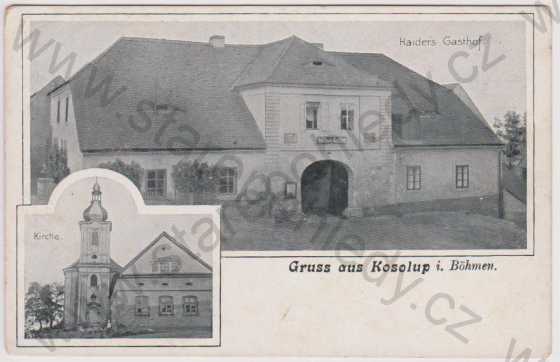  - Kozolupy (Kosolup in Böhmen) - hostinec Haider, kostel, koláž, DA