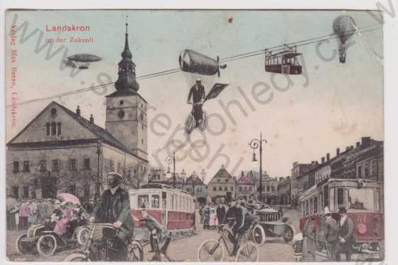  - Lanškroun (Landskron) - koláž budoucnost - náměstí, vzducholoď, bicykl, tramvaj, auto, balon, kolorovaná