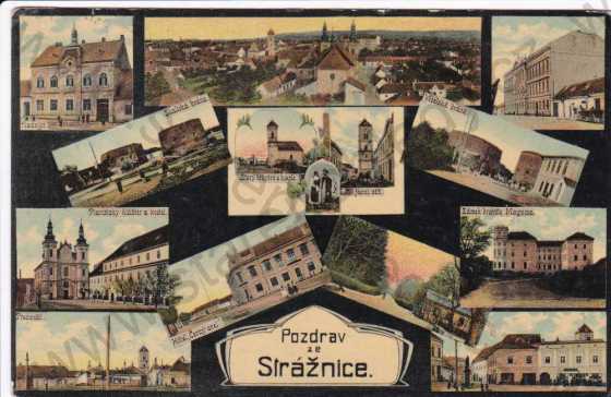  - Strážnice (Veselí nad Moravou), více záběrů, Veselská brána, zámek, kostel, klášter, kolorovaná