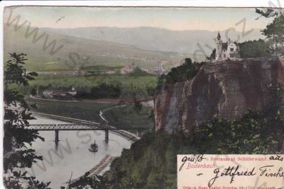  - Podmokly (Bodenbach), část města Děčína, lovecký zámek, řeka Labe, parník, most, kolorovaná