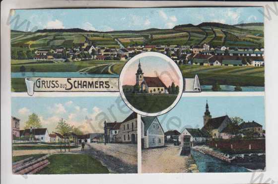  - Číměř (Schamers), pohled na město, kostel, střed obce, partie, kolorovaná, koláž