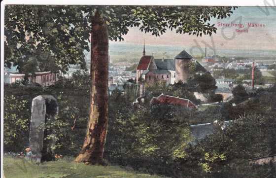  - Šternberk (Morava), záběr na část města a zámek, kresba, foto Otto Kloss