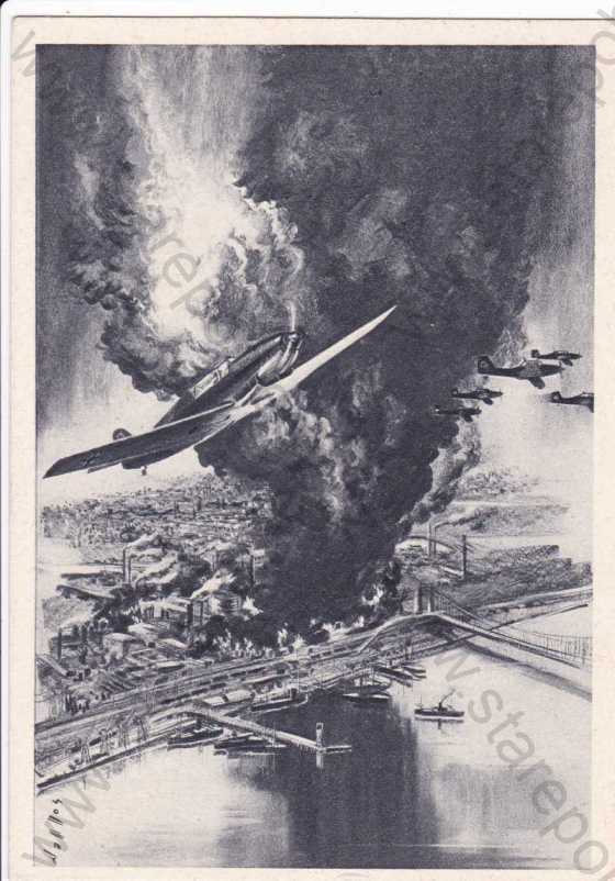  - Vojenství, německá letadla bombardují anglické továrny a přístavní zařízení, kresba