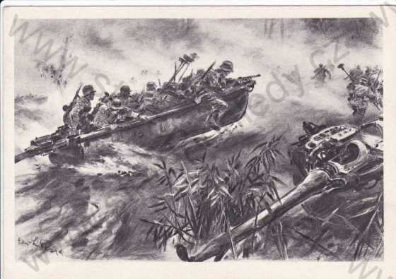  - Vojenství, německý výsadek přes moře, kresba