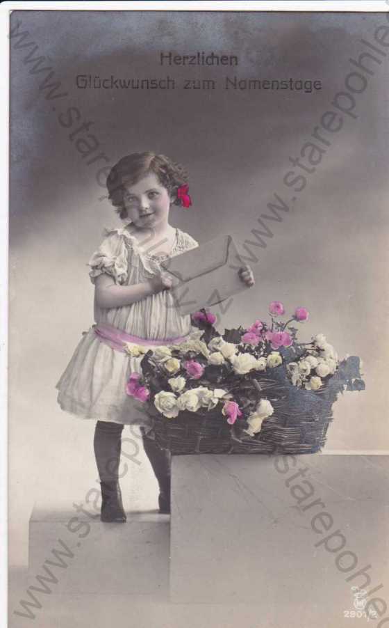  - Přání k jmeninám, děvčátko s dopisem a květinami, kolorovaná