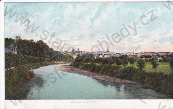  - Těšín, celkový pohled na město a řeku Olši, Piastovská věž, kresba