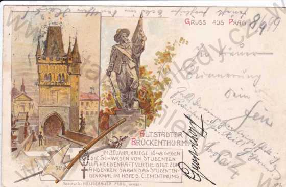  - Praha, Staré Město, Malostranská mostecká věž, socha pražského studenta, kresba, koláž, DA