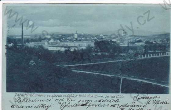  - Turnov (Liberec), celkový pohled, pohled  k sjezdu rodáků a žáků 2.-4.6.1900, kolorovaná, DA