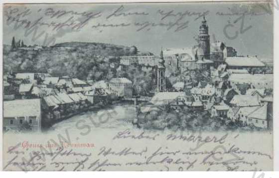  - Český Krumlov (Krummau), pohled na město, zámek, řeka, kolorovaná, DA