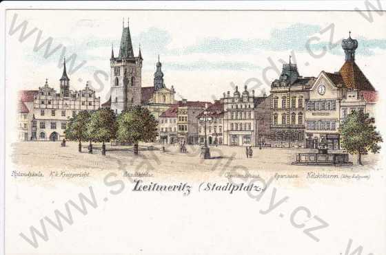  - Litoměřice (Leitmeritz), náměstí, radnice, dům Kalich, kostel Všech svatých, kresba, DA