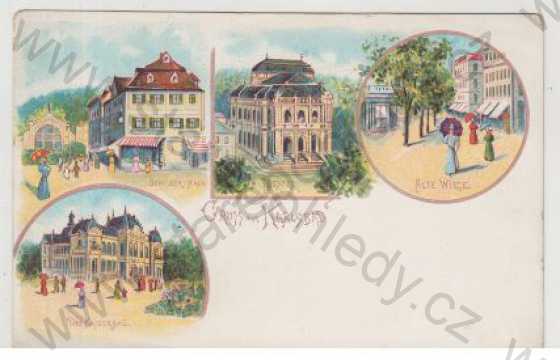  - Karlovy Vary (Karlsbad), divadlo, Pomník Friedricha Schillera, Císařské lázně, kolorovaná, koláž, DA