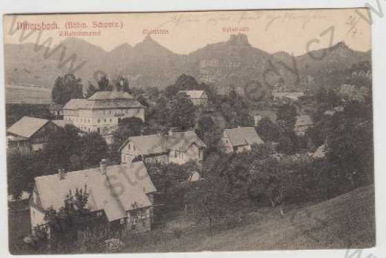  - Jetřichovice (Dittersbach), pohled na město, skály, Vilemínina vyhlídka (Wilhelminenwand), Mariina skála (Marienfels)