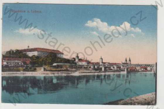  - Roudnice nad Labem, řeka, labe, most, pohled na město, kolorovaná