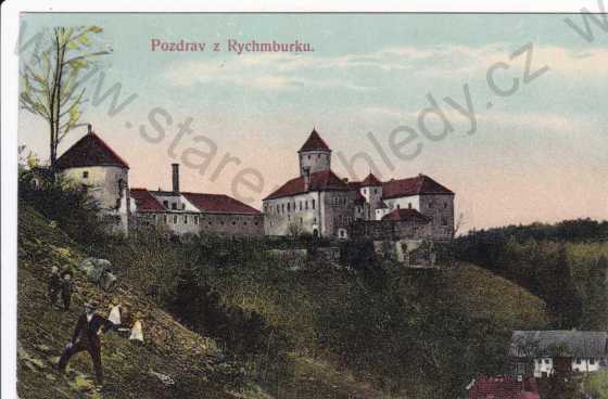 - Rychmburk (Předhradí), záběr na hrad, kolorovaná