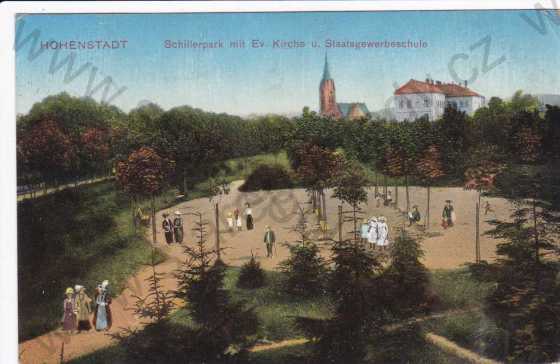  - Zábřeh (Hohenstadt), Schillerův park, evang.kostel, gymnázium, kresba