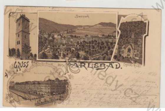  - Karlovy Vary (Karlsbad), pohled na město, Aberg, kostel, náměstí, park, koláž, DA