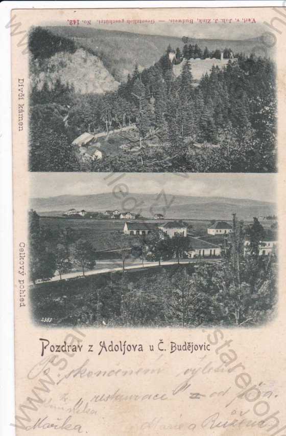  - Adolfov, část obce Holubov u Č.Budějovic, dva záběry, Dívčí kámen-zřícenina hradu, celkový pohled, kolorovaná, DA