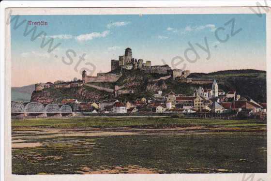  - Trenčín, pohled na hrad a město, kolorovaná