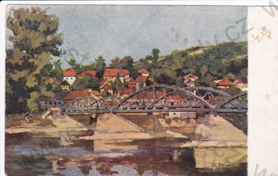  - Budotín, část města Žilina, částečný záběr města, most, kresba