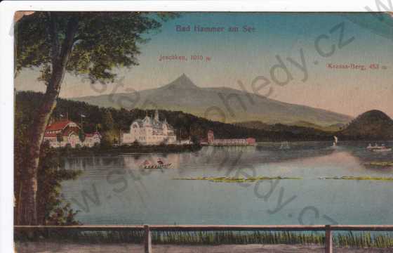  - Hamr na Jezeře (Hammer am See), jezero, lidé na loďkách, kresba