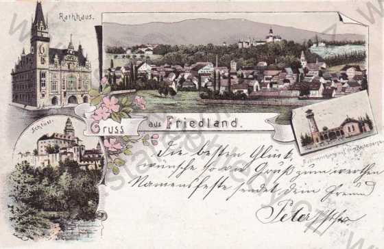  - Frýdlant (Friedland), více záběrů města, kolorovaná, koláž, DA