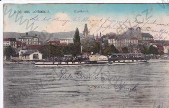  - Litoměřice (Leitmeritz), částečný záběr města, Labe, parník, foto J.Richter, kresba
