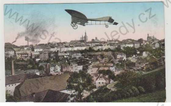 - Mladá Boleslav, pohled na město, letadlo, kolorovaná