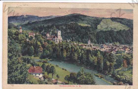  - Rožmberk nad Vltavou (Rosenberg in B.), záběr na hrad a město, foto J.Seidel, kolorovaná