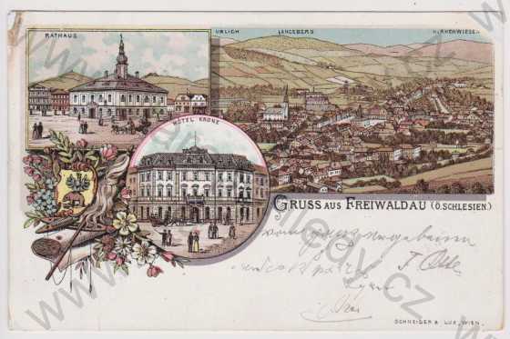  - Jeseník (Freiwaldau) - celkový pohled, radnice, Hotel Krone, litografie, DA, koláž, kolorovaná