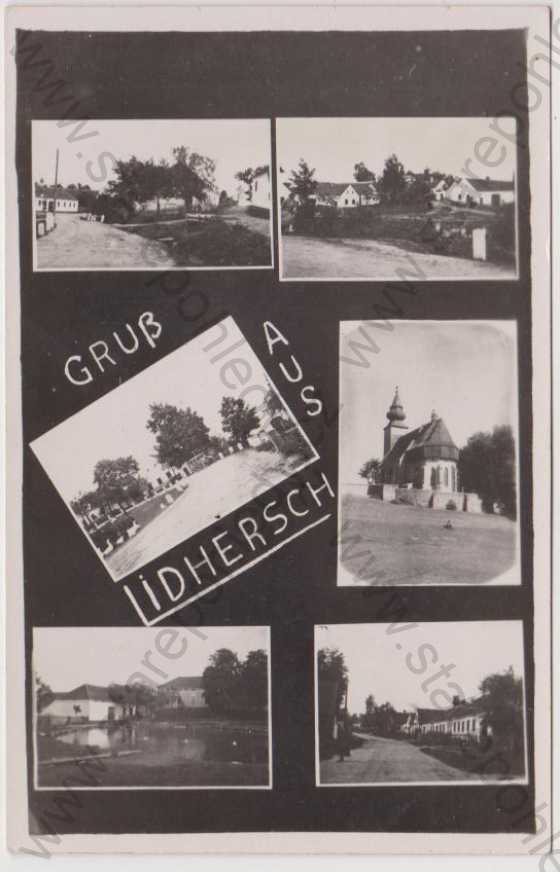  - Lidéřovice (Lidhersch) - náves, kostel, rybník, partie, koláž
