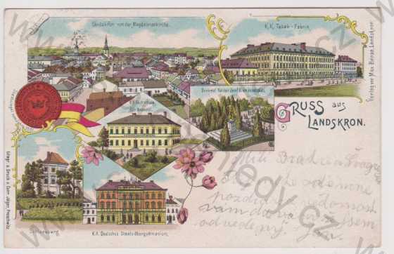  - Lanškroun (Landskron) - celkový pohled, tabáková továrna, škola, pomník, gymnázium, Schlossberg, litografie, DA, koláž, kolorovaná