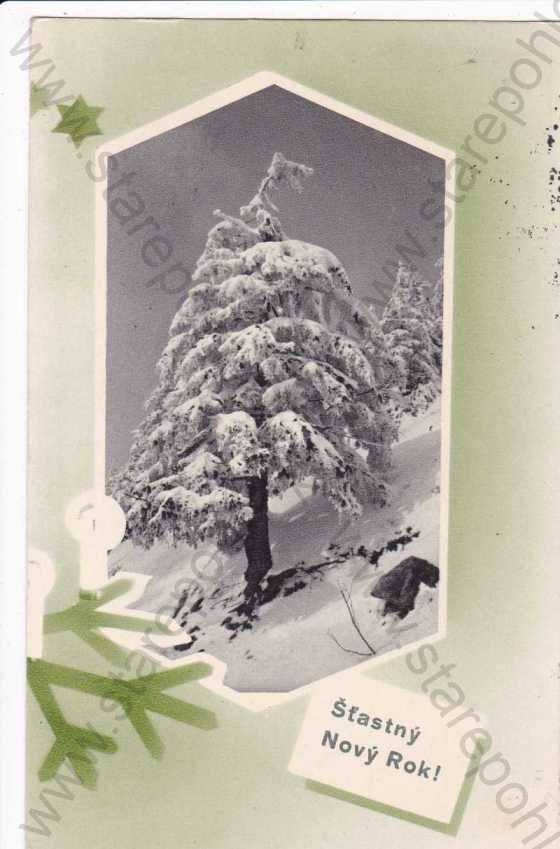  - Novoroční přání, zasněžený stromek, koláž