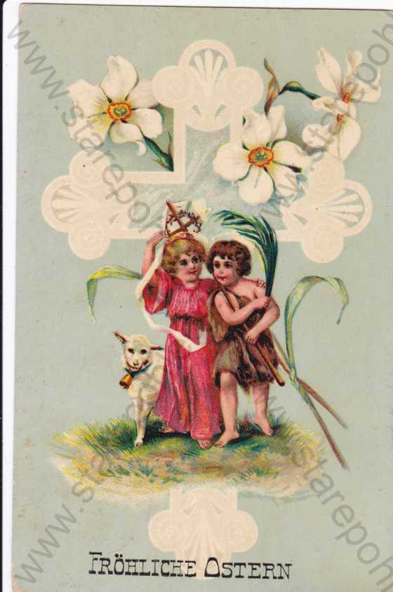  - Velikonoce, děti s ovečkou a kříž s květinami, litografie
